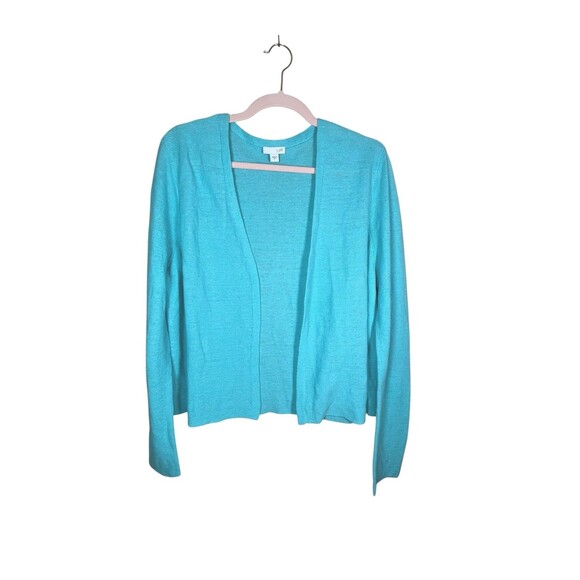 J Jill Linen Blend Cardigan Sweater Open Front Aqua Lightweight Size Large - Picture 1 of 10